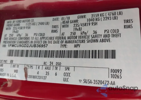 2018 Ford Escape Se from USA, damaged, VIN 1FMCU9GD2JUB36957